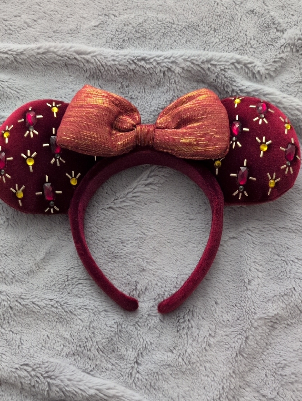 Burgundy Jeweled Minnie Mouse Ears Headband with Gold Bow
